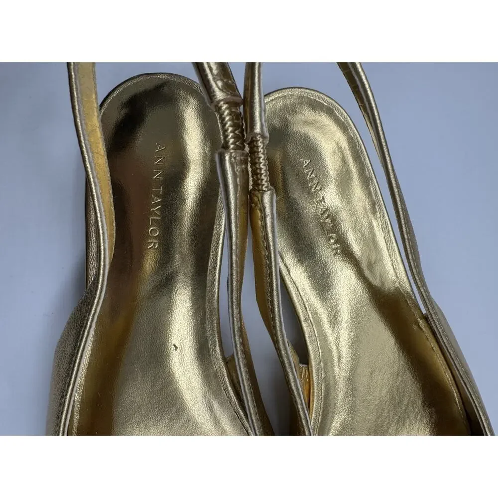 Ann Taylor Gold Leather Square Toe Slingback Shoes Women’s Size 6